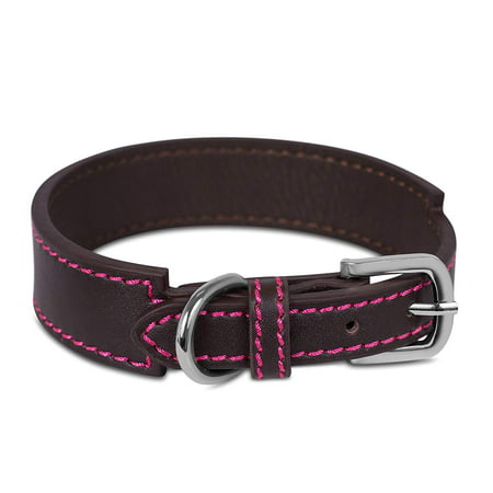Internet’s Best Brown Leather Dog Collar with Pink Stitching | Large | 14 – 18 Inch (1.375
