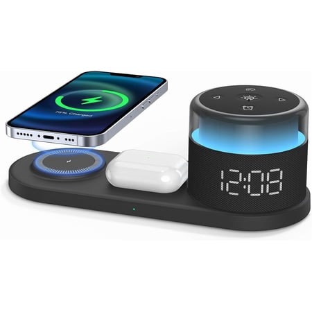 Alarm Clock with Wireless Charging Stat – Magnetic Charger for iPhone 16/15/14/13/12 Series, Charging Dock for AirPods, USB Port for Apple Watch, Dimmable Night Light Clock for Bedroom