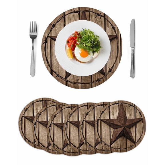 Vintage Western Stars Round Table Placemats set of 6, Brown Farmhouse Wood Texture Washable Woven Place Mats for Dining Tables Kitchen Party Decor,Heat Proof, 15in,