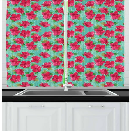 Seafoam Living Room Set Hawaiian Curtains 2 Panels Set, Botanical Garden Pattern with Pink Hibiscus Blossoms Aloha Nature, Window Drapes for Living Room Bedroom, 55W X 39L Inches, Seafoam Magenta and Green, by Ambesonne ()