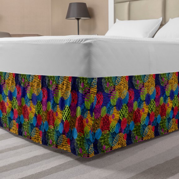 Abstract Bed Skirt, Hand Drawn Circles Grunge Style Surreal Designs Checkered Swirled Colorful Pattern, Elastic Bedskirt Dust Ruffle Wrap Around for Bedding Decor, 4 Sizes, Multicolor, by Ambesonne