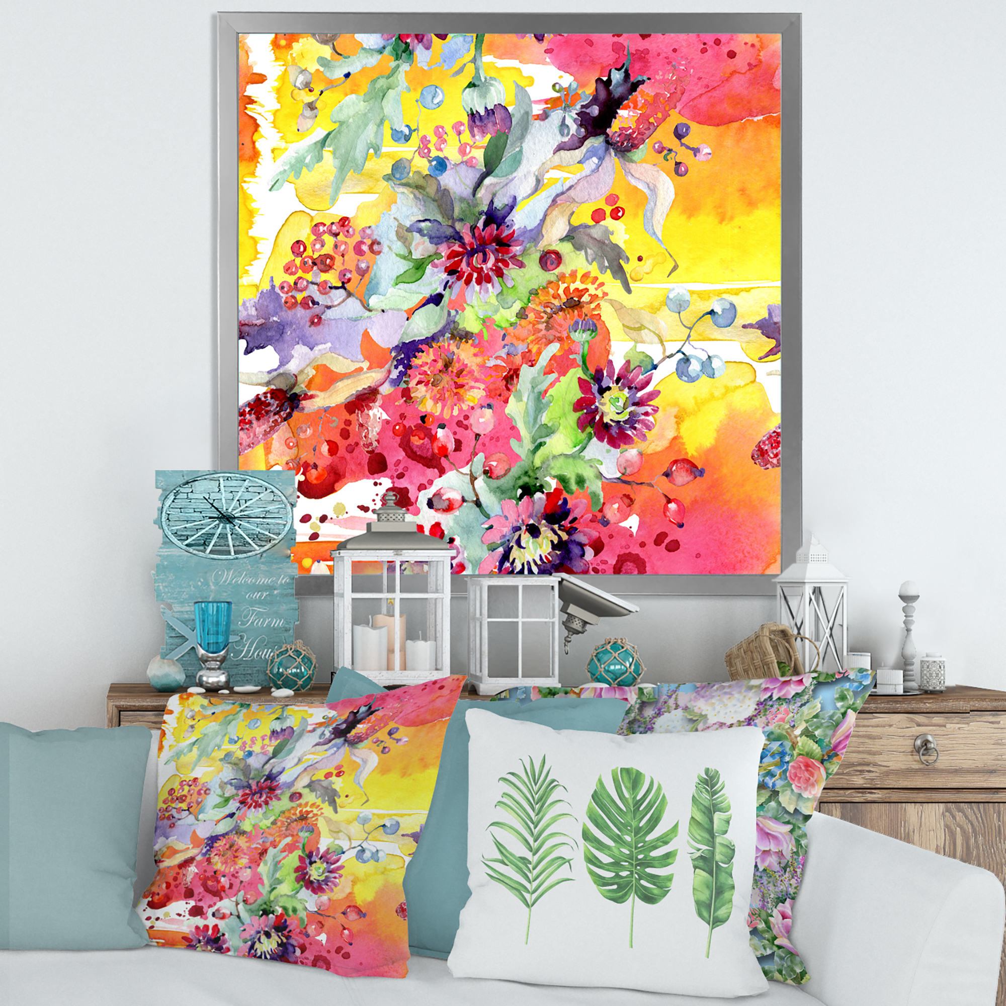 Wildflowers and Vibrant Wild Spring Leaves 30 in x 30 in Framed Painting Canvas Art Print, by Designart