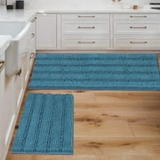 PrimeBeau Striped Chenille Bath Rugs Super Absorbent Non Skid Floor Mats Set of 2, Turquoise, 47 x 17 Plus 17 x 24 Inches