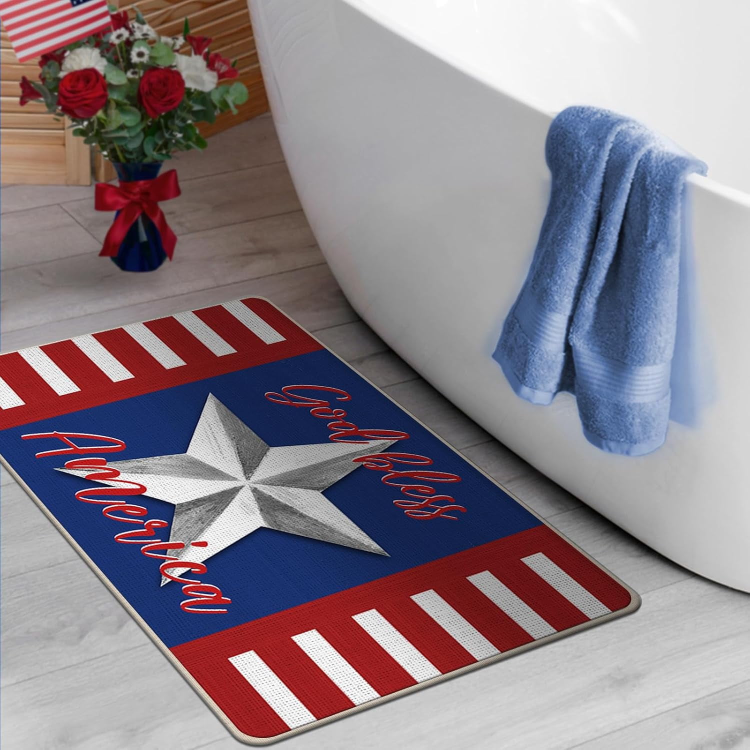 God Bless America 4th of July Patriotic Decorative Front Door Mat, USA Stars Stripes Doormat Indoor Outdoor Non-Slip Floor Entryway Rug, American Home Kitchen Decoration 17x29 Inch