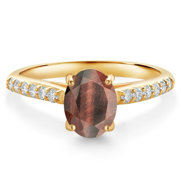 Gem Stone King 10K Yellow Gold Red Tiger Eye and White Lab Grown Diamond Engagement Ring for Women (1.43 Cttw, Oval 8X6MM, Gemstone Birthstone, Size 8)