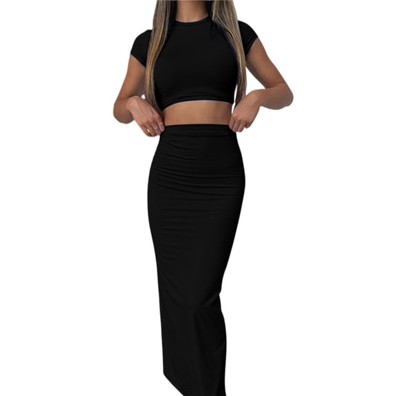 Womens 2 Piece Sets Short Sleeve Crewneck Cropped Top Bodycon Maxi Skirt Outfit Black L