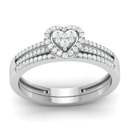 10K White Gold 1/4Ct Round Cut Natural Diamond Heart Frame Engagement Ring Set in