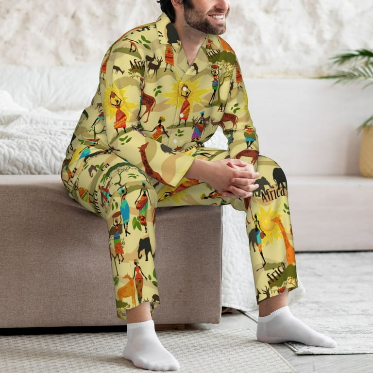 Logiee Ethnic African Print Mens Long Sleeve Pajama Set,Notched