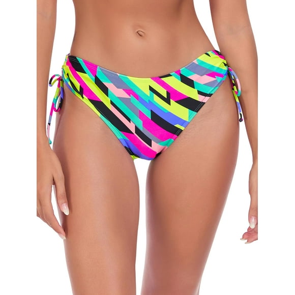Ocean Blues Women's Full Coverage Swim Bottoms Sides Drawstring Mid Rise Bikini Bottom Color Block Print Bathing Suit Size L