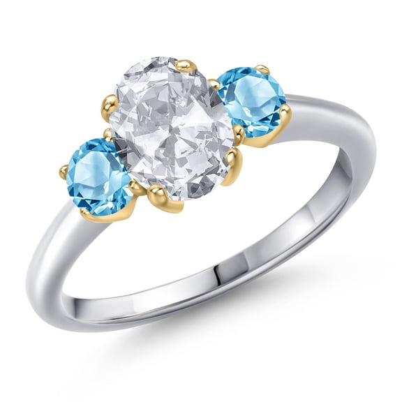 Gem Stone King 10K Two Tone Gold White Topaz and Swiss Blue Topaz Engagement Ring for Women | 2.21 Cttw | Oval 8X6MM | Gemstone November Birthstone | Size 6