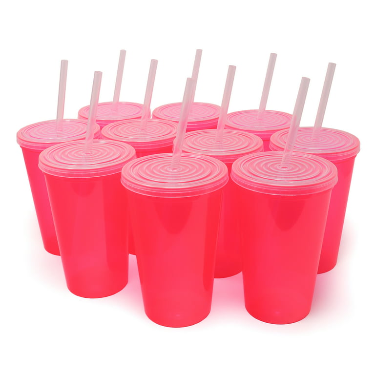 Rolling Sands 22 oz Reusable Plastic Cups with Lids, 10 Pack, USA Made Hot  Pink Tumblers; Includes 10 Reusable Straws; Dishwasher Safe 