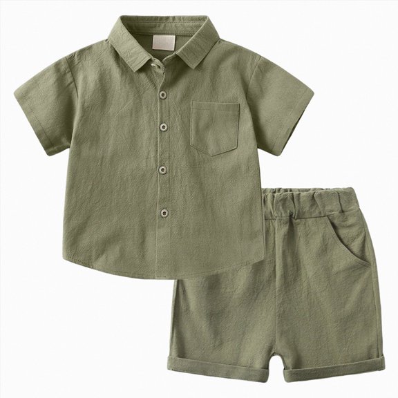 Xudanell Toddler Baby Boy Linen Outfits Solid Color Short Sleeve Lapel Button Down Shirt and Shorts Summer Clothes Set (Army Green, 2-3 Years)