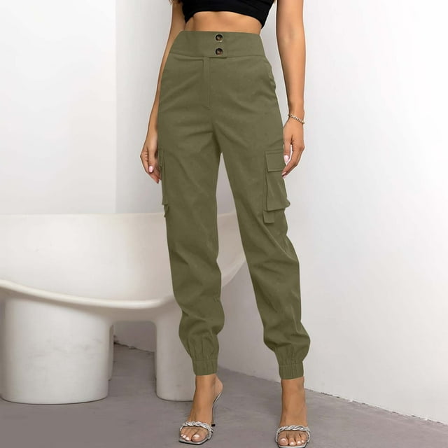 LOVZFMLL Women's Pants, Fashion Solid Color Button & Zipper Pocket Trousers Army Green, M