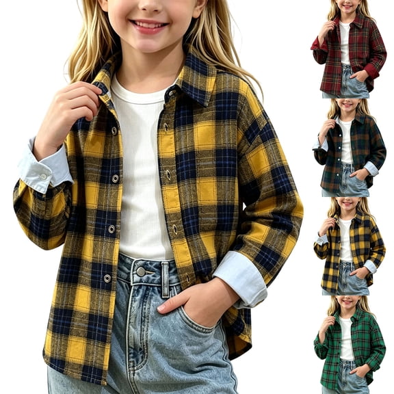 MexChoioe Kids Plaid Flannel Shacket Button Down Long Sleeve Collared Outerwear Loose Cut Fall Warm Casual Coat for Girls