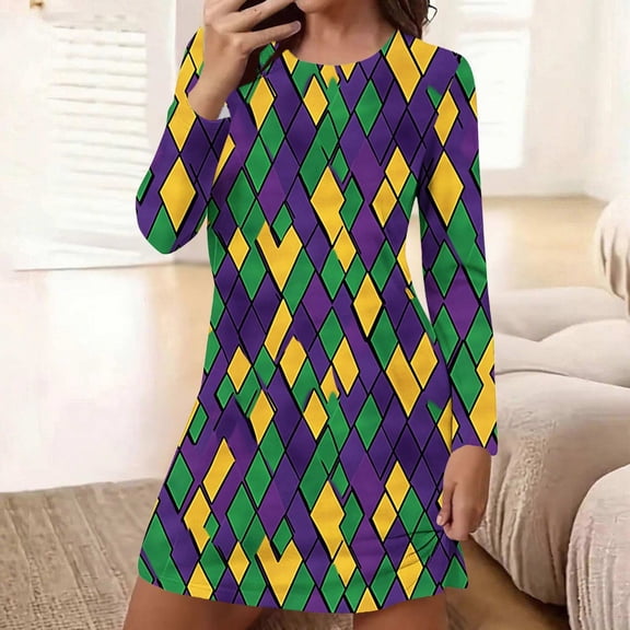 Sakmal Long Sleeve Moomoo Nightgownss for Women Carnival Cute Mardi Gras Loungewear Short Diamonds Print Ladies Nightgown L