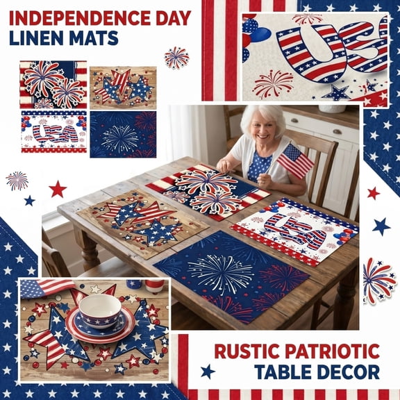 Holiday Patriotic Table Placemats, American Flag Star Pattern Mats, 4th of July Memorial Day Independence Day Kitchen Dining Party Decor