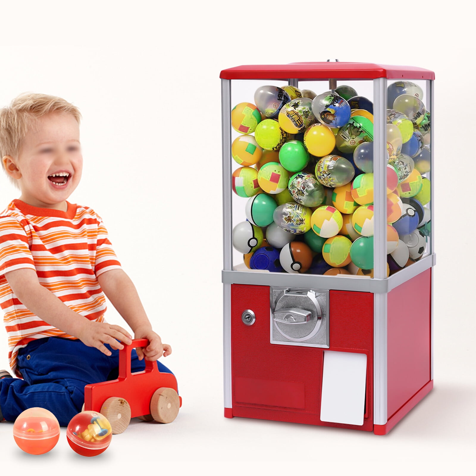 Gumball Machine,Vending Machines for Business,1.77-1.97Inch Ball Diameter,800 Coin Bank Capacity,4 25 Cent Coins,Vending Machine for Selling Capsule Toys Candies (Red)