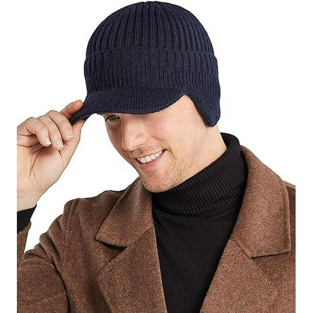 Men s Winter Visor Beanie Hat with Earflaps Knit Baseball Cap with
