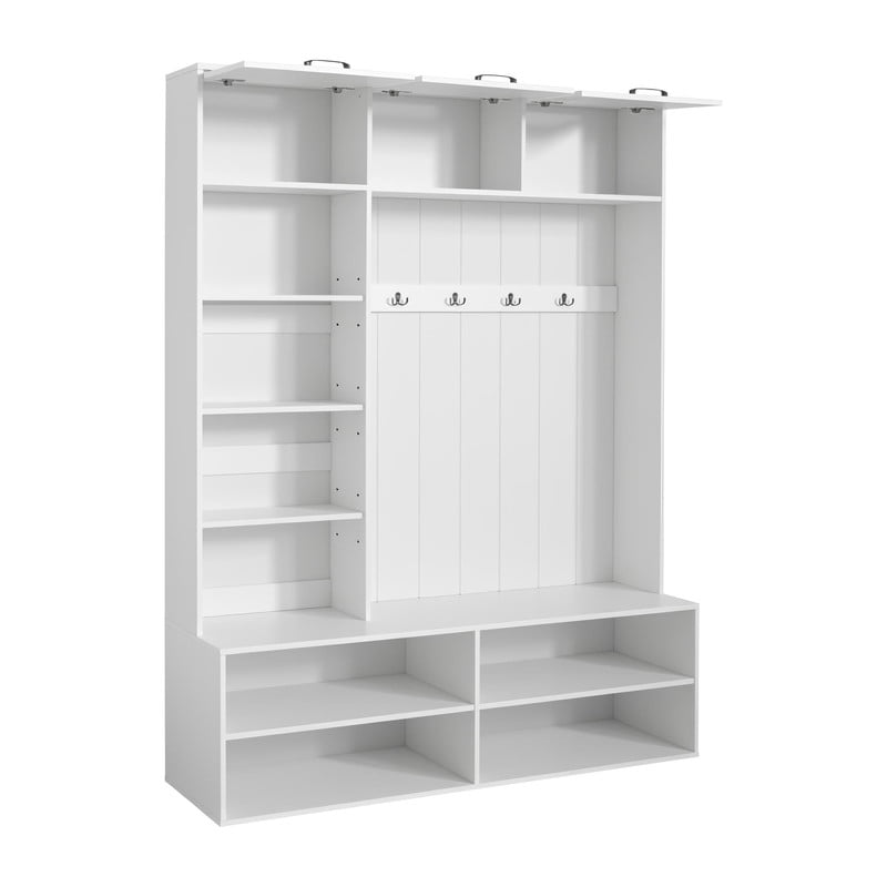 Farmhouse Hall Tree with Bench and Shoe Storage, 5-in-1 Entryway Bench with Coat Rack, Modern Entryway Storage Organizer Cabinet with 4 Hooks for Hallway, Entryway