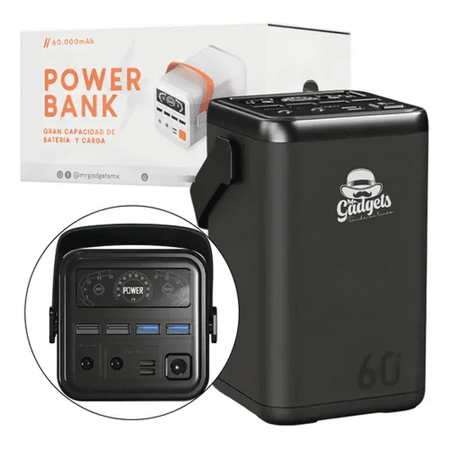 Mr. Gadgets Power Bank 60,000mAh Batería Portátil Compacta, Carga Rápida 100W con 6 Puertos (USB-C y USB-A), Linterna Integrada, Protección Inteligente – Color Negro