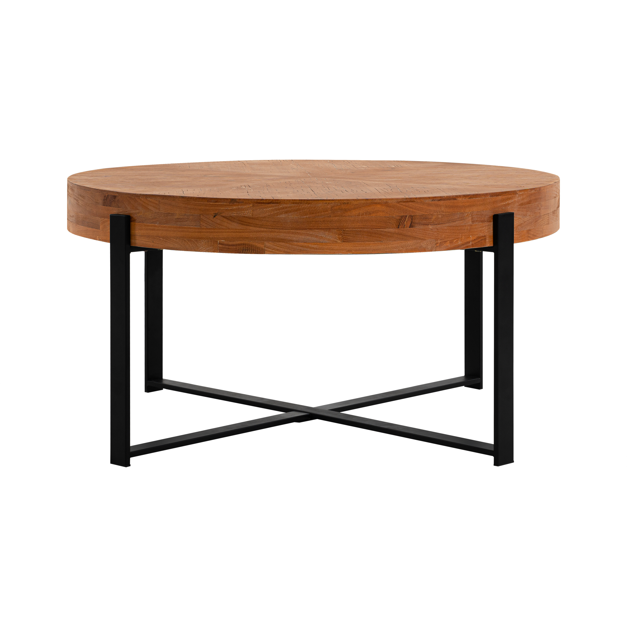 33.86" Modern Retro Splicing Round Coffee Table, Fir Wood Table Top with Black Cross Legs Base