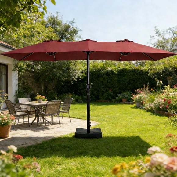 SogesPower Parasols de Patio de 15 Pieds avec Base, Parasol de Patio Double Face Extérieur, Parasol de Table Rectangulaire, Parasol de Marché Rectangulaire pour Piscine Jardin Terrasse Arrière-Cour, Rouge