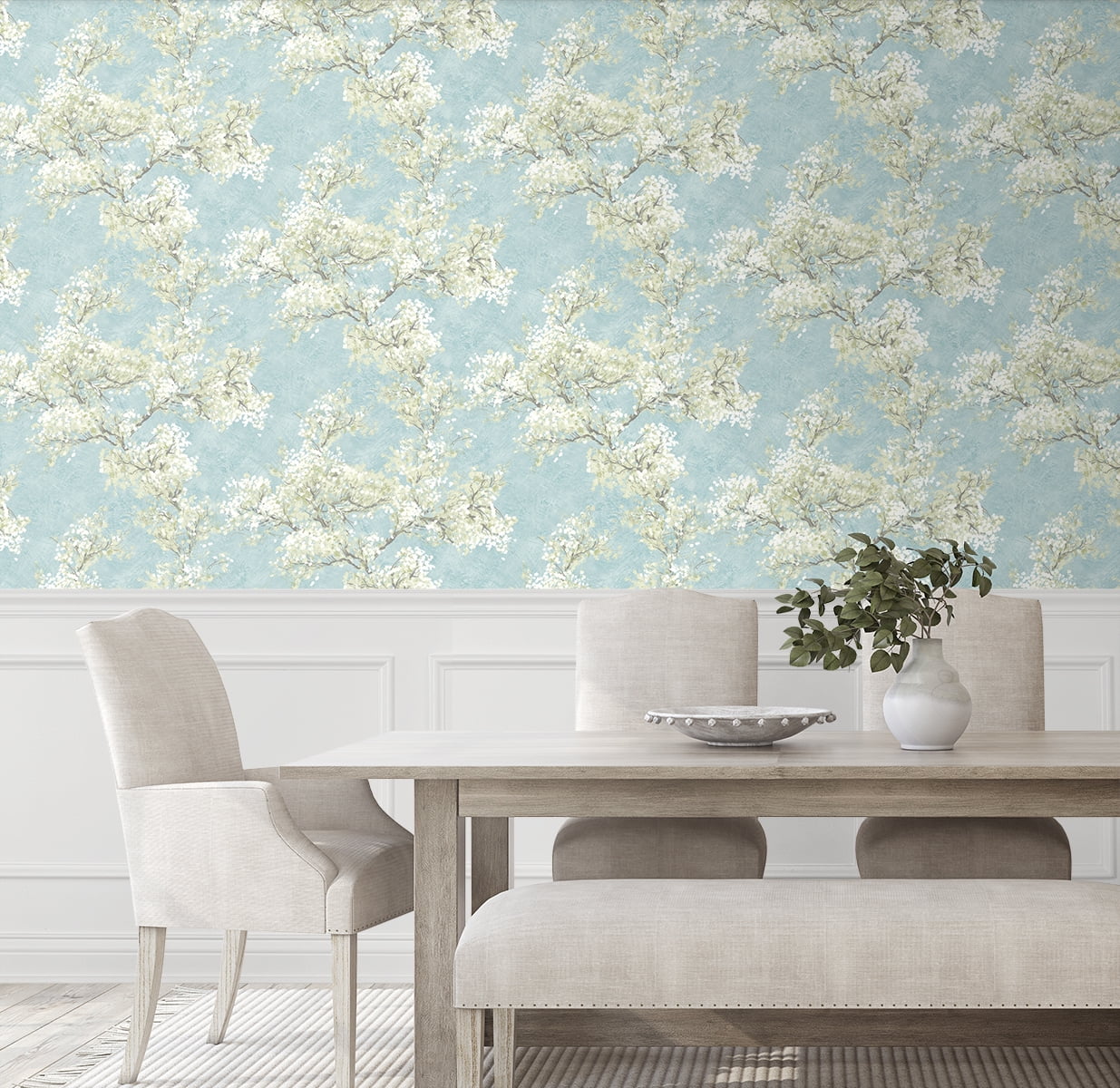 NextWall  Cherry Blossom Grove and Stick Wallpaper 20.5 in. W x 18 ft. L - Blue Mist & Green Tea