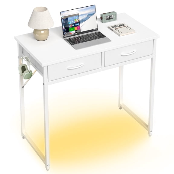 Pinmoco 32" Small Computer Desk with RGB LED Lights & 2 Fabric Drawers, Modern Dorm Study Desk for Small Spaces, White