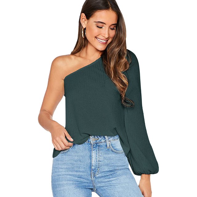 Blusa casual de manga larga con un hombro para mujer Verde pavo real M Verde pavo real M Xishao ropa