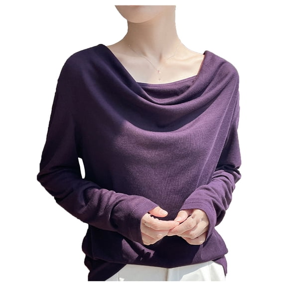 Lenpel Women's Long Sleeve Tops Cowl Neck Solid Color Casual T-Shirts Loose Tunic Blouses Going out Tee Shirts(Purple,X-Large)