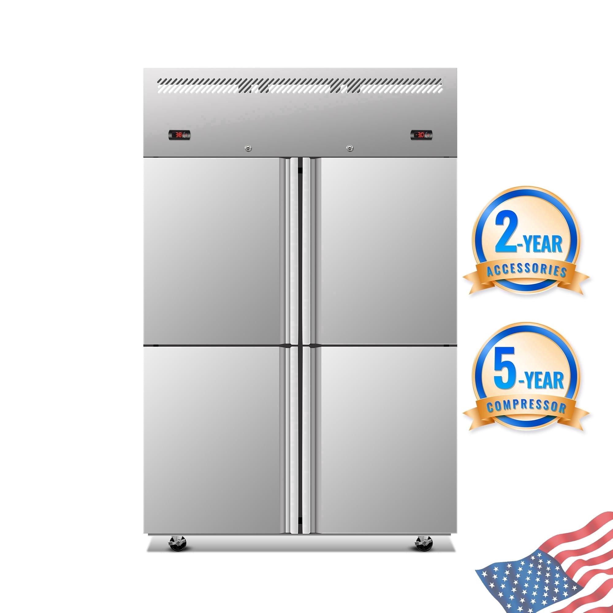 ORIKOOL Dual Zone Commercial Refrigerator, 4-Door Stainless Steel Design