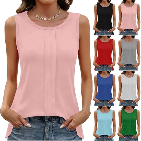 Miluxas Pleated Tank Tops for Women Crew Neck Sleeveless Dressy Casual Work Tank Top Summer White XL(XL)
