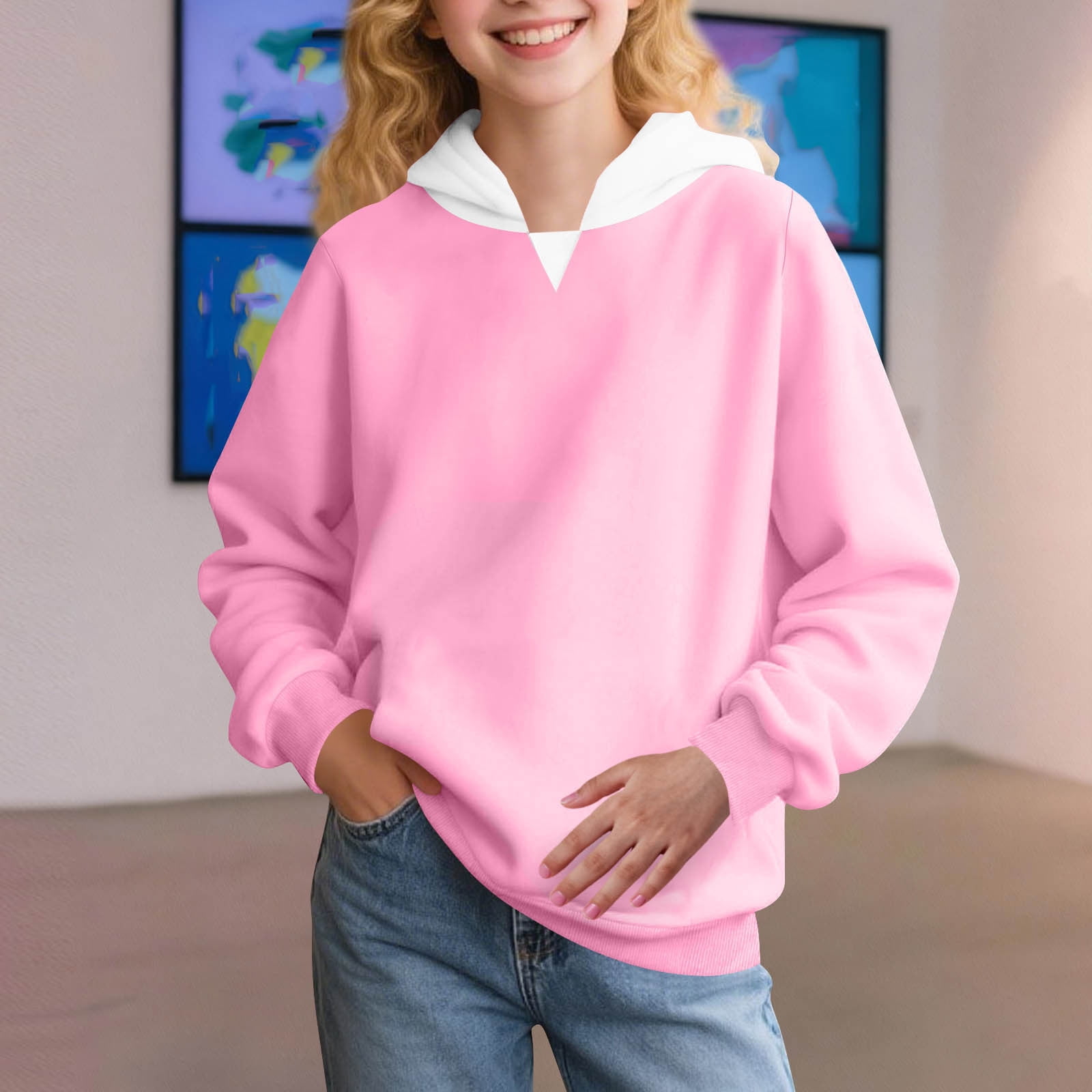 Riecok Hoodies for Girls Long Sleeve Round Neck Solid Color Fashion Casual Tops with Pocket Clothes for Girls and Boys Pink 13 Years