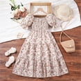 thumbnail image 3 of Girl Floral Dress Puff Sleeve Smocked Swing Casual Midi Dress Birthday Gift Party Summer Square Neck Dresses, Beige, 11 Years, 3 of 3