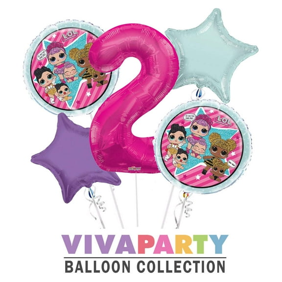 LOL Round Balloon Bouquet 5 pc, 2nd Birthday, Hot Pink Number 2 Jumbo Balloon | Viva Party Balloon Collection
