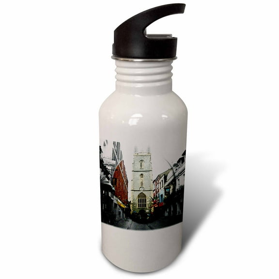 3dRose, The Main Street of Cardiff Wales with a Disc of Color Highlighted and Edges of City Black and White, 21 oz Sports Water Bottle
