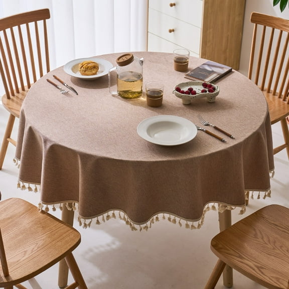 XmhyTop-A Tassel Solid Color Round Table Cover Light Brown 160x160cm Polyester Tablecloth 1 Piece for Dining & Party Decor