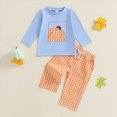 thumbnail image 6 of NOLDARES Toddler Baby Boy Fall Clothes Embroidery Shirt Top Elastic Waist Plaid Pants Set Trendy 2 Piece Outfit(Blue,12-18 Months), 6 of 9