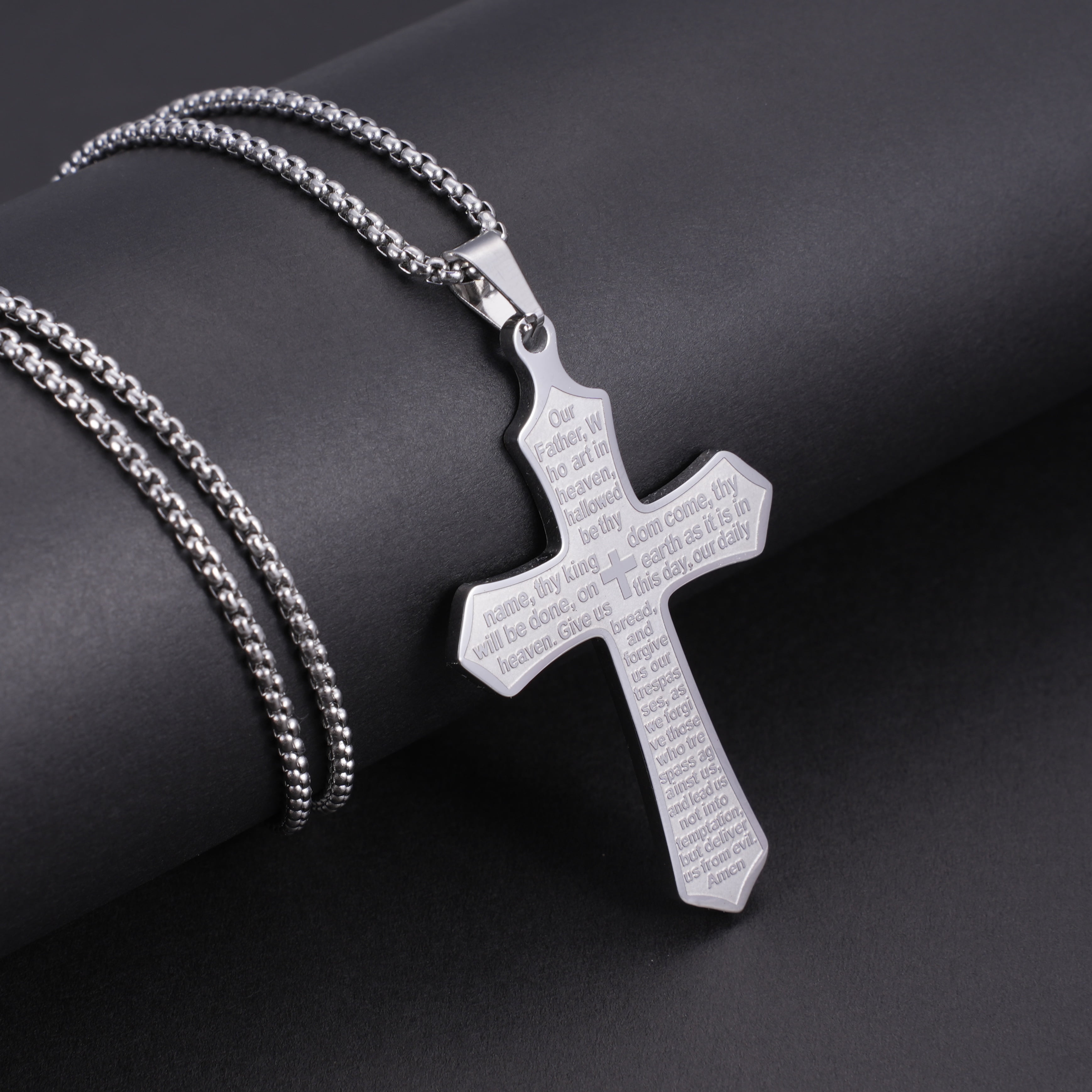 Iron Saints Men Lord's Prayer Cross Necklace, Stainless Steel, Christian Religious Men Gift