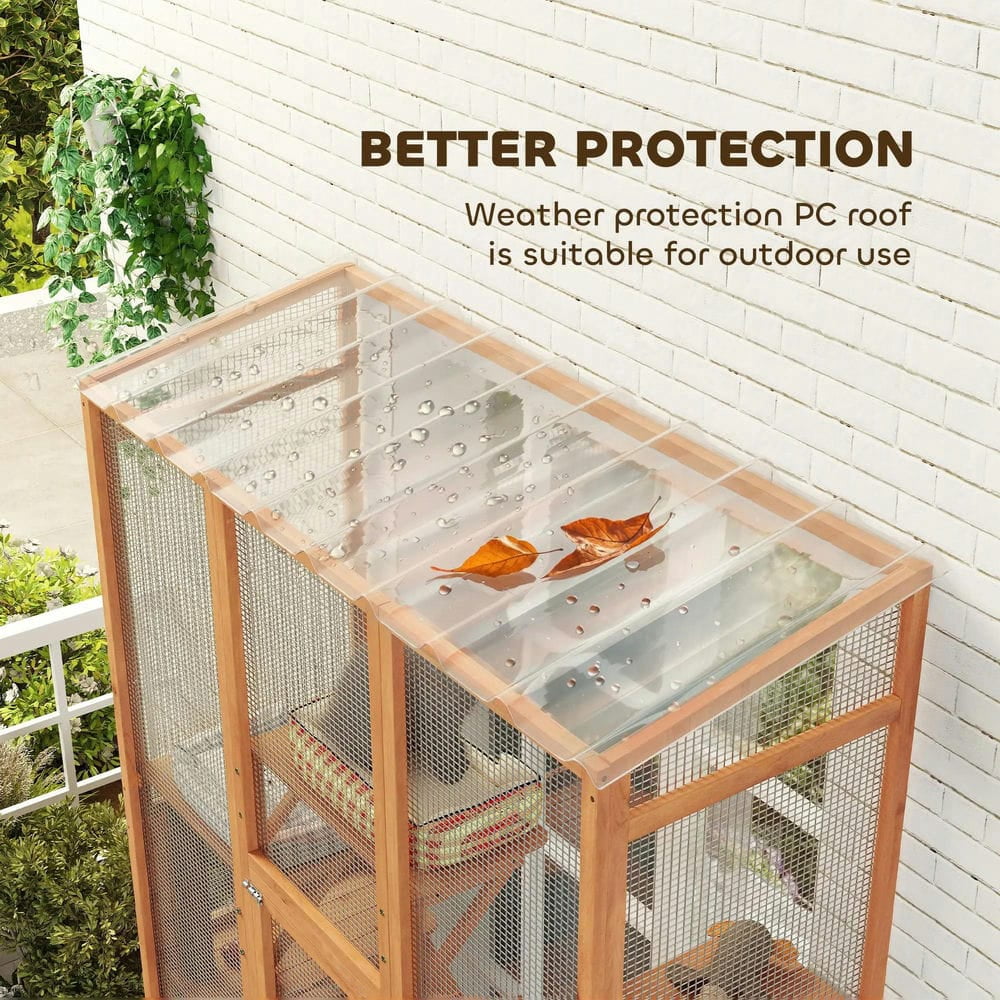 Topcobe Outdoor Catio Cat Enclosure, Large Wooden Cat House with 6 Jumping Platforms, Scratching Post, 2 Ramps, for 2-3 Kittens, Outdoor Wooden Feral Cat Shelter