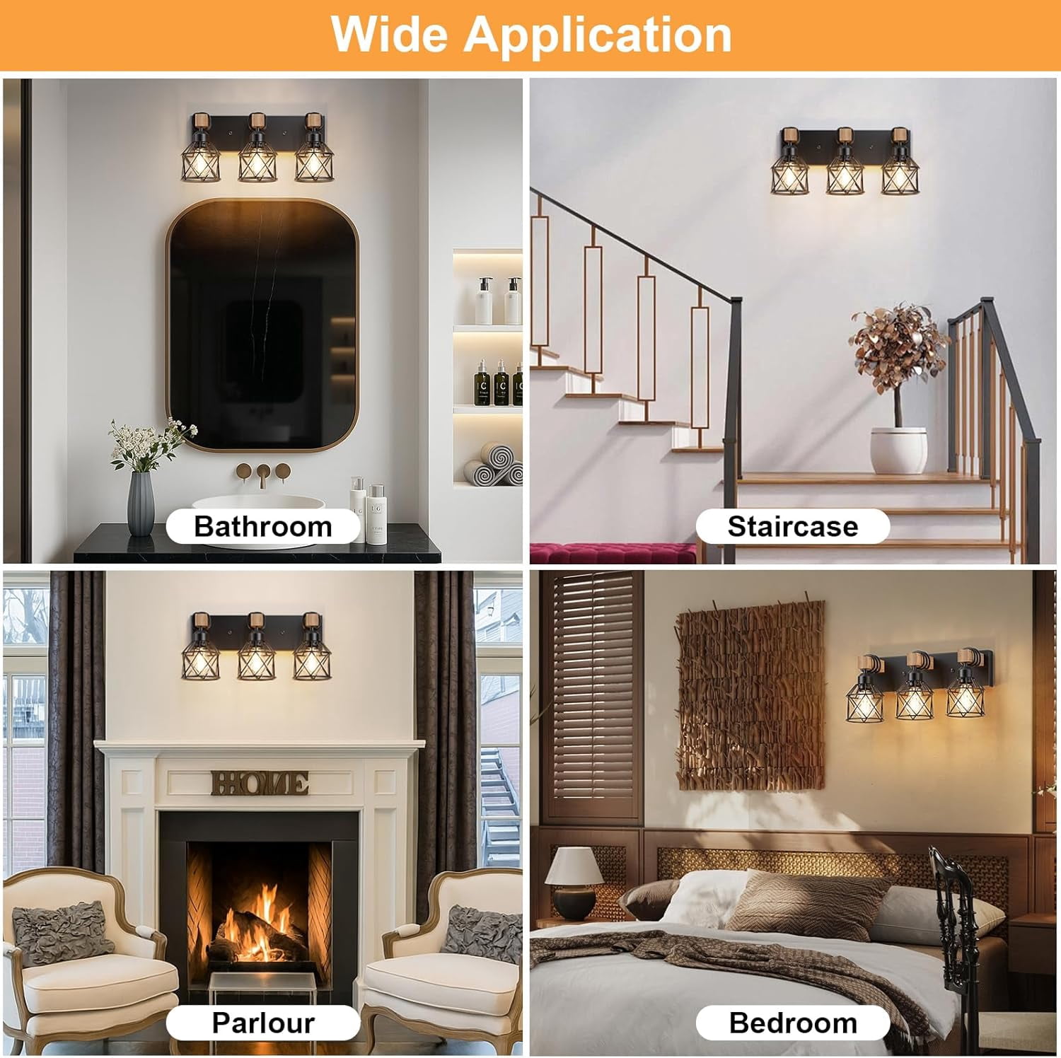 Farmhouse Vanity Light for Bathroom, 3-Light Wood Bathroom Vanity Light Fixtures Over Mirror, Black Rustic Wall Sconce with Cage Metal Lampshade, Vintage Wall Lights for Bedroom, Living Room, Hallway