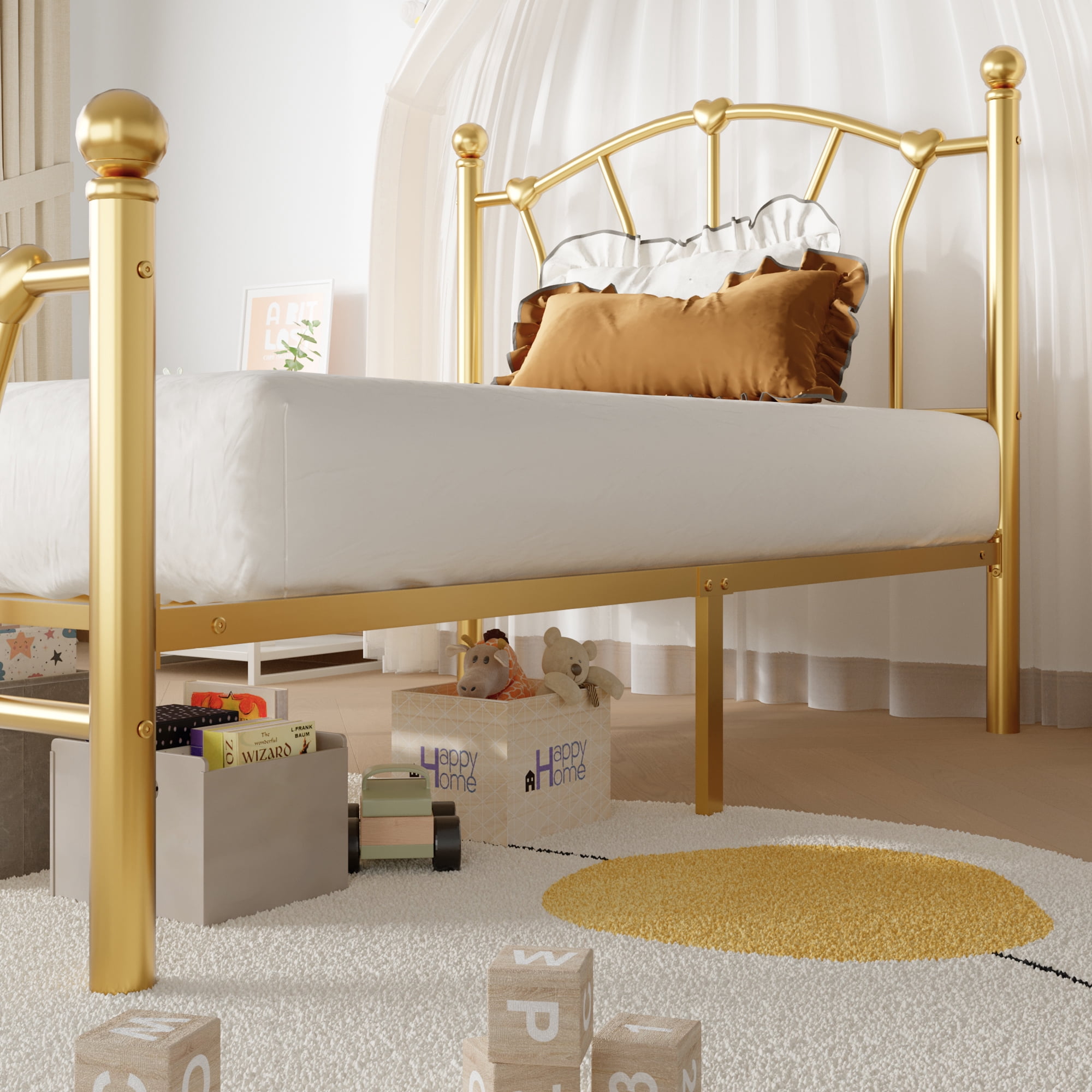 SHA CERLIN 14 Inch Twin Size Metal Platform Bed Frame with Heart Shaped Iron-Art Headboard/Footboard, Under Bed Storage, Noise Free Mattress Foundation, Easy Assembly, Gold