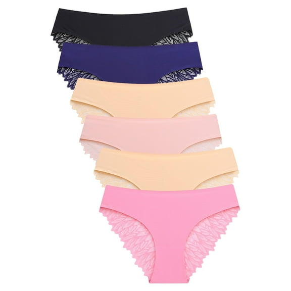 GEWSEY 6 Pack Sexy Underwear for Women Silky Seamless No Show Panties Ladies Lace Bikini Lightweight Cheeky Hipster (Coffee, L)