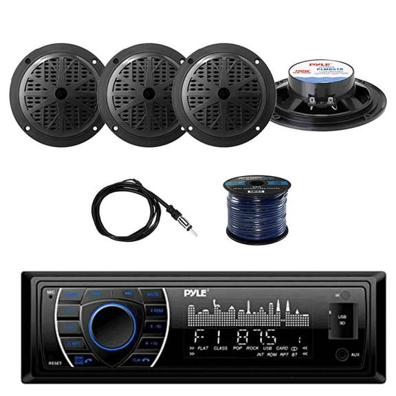 PYLE PLRMR27BTB Marine Bluetooth Receiver Stereo(Black) w/Pyle 100W 5.25'' 2-Way Marine Speakers(2-Pairs), Enrock Marine Antenna & Enrock Marine 50' 16G Speaker Wire
