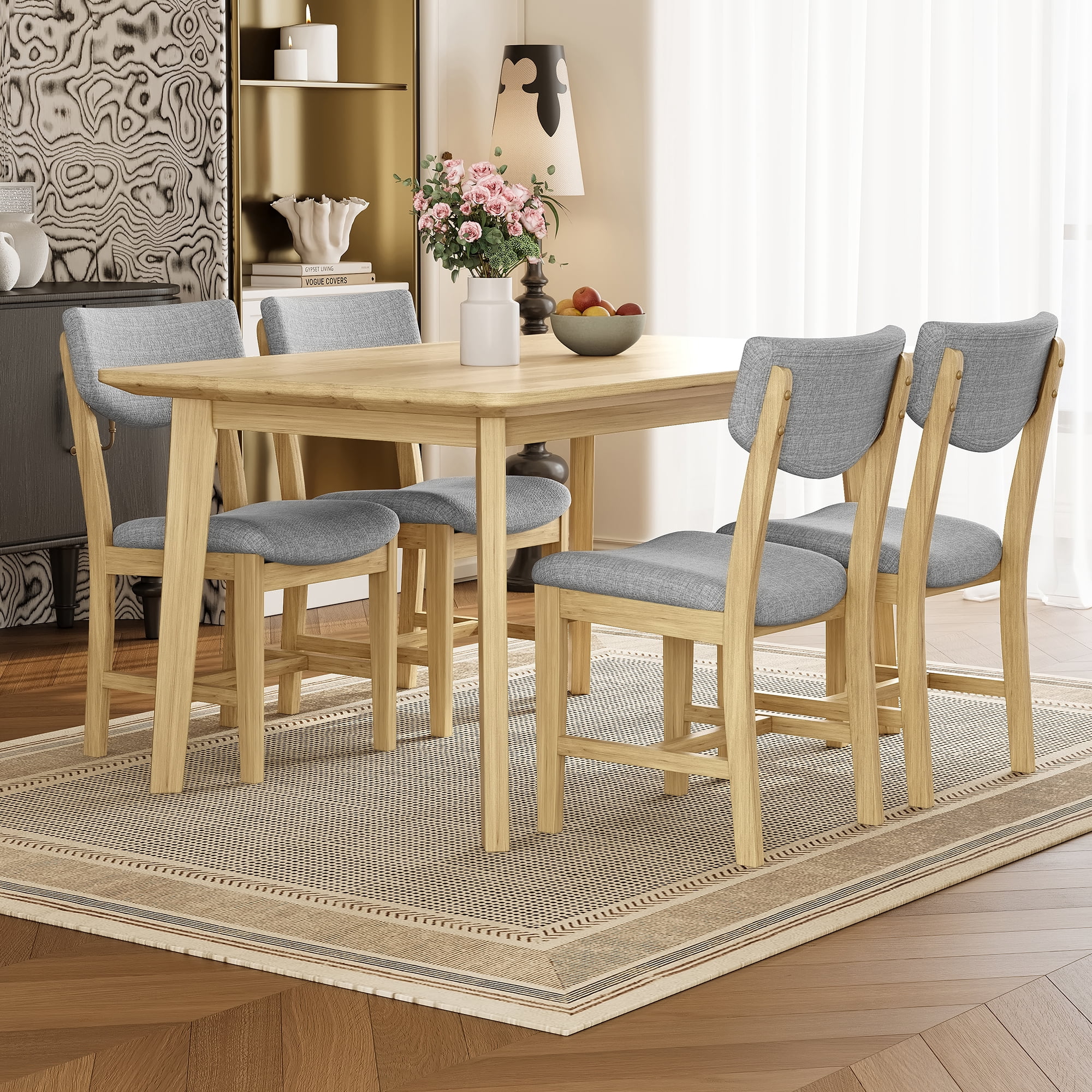 Euroco 5 Piece Dining Table Set for 4, Farmhouse Wood Kitchen Table Set with 4 Upholstered Chairs for Kitchen & Dining Room,Natural