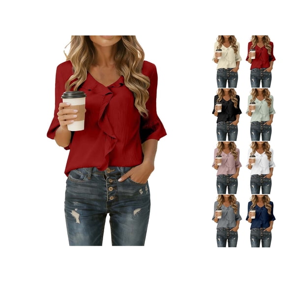 qucoqpe Womens Dressy Casual Blouses 3/4 Sleeve V Neck Ruffle Tops Summer Trendy Business Office Tunic Work Shirts