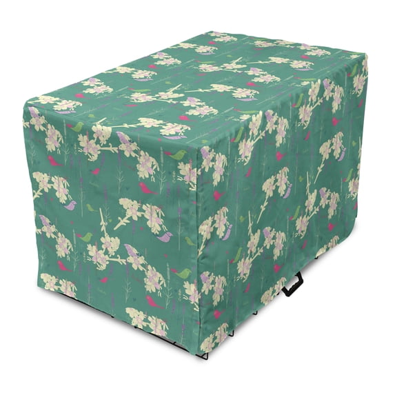 Bird Dog Crate Cover, Herbal Spring Flower Blossom Nature Graphic Print on Pastel Backdrop, Easy to Use Pet Kennel Cover Small Dogs Puppies Kittens, 7 Sizes, Laurel Green Multicolor, by Ambesonne