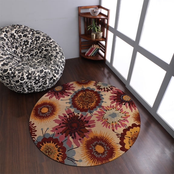 Rugsotic Carpets Hand Tufted Wool Eco-Friendly 10'x10' Area Rugs Round Cream Floral Modern High Pile Thick Handmade Anti Skid Indoor Rug for Living Room, Bedroom K00504