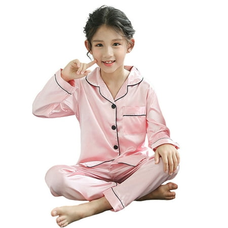 

Mightlink 1 Set Toddler Pajamas Solid Color Lapel Collar Long Sleeve Breathable Super Soft Button Closure Faux Silk Two-Pieces Toddler Sleepwear with Pants Set for Home