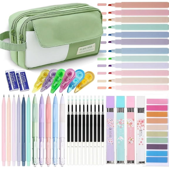 42 Pcs Big Capacity Pencil Pouch with Aesthetic Supplies, Stationary Set (Green)